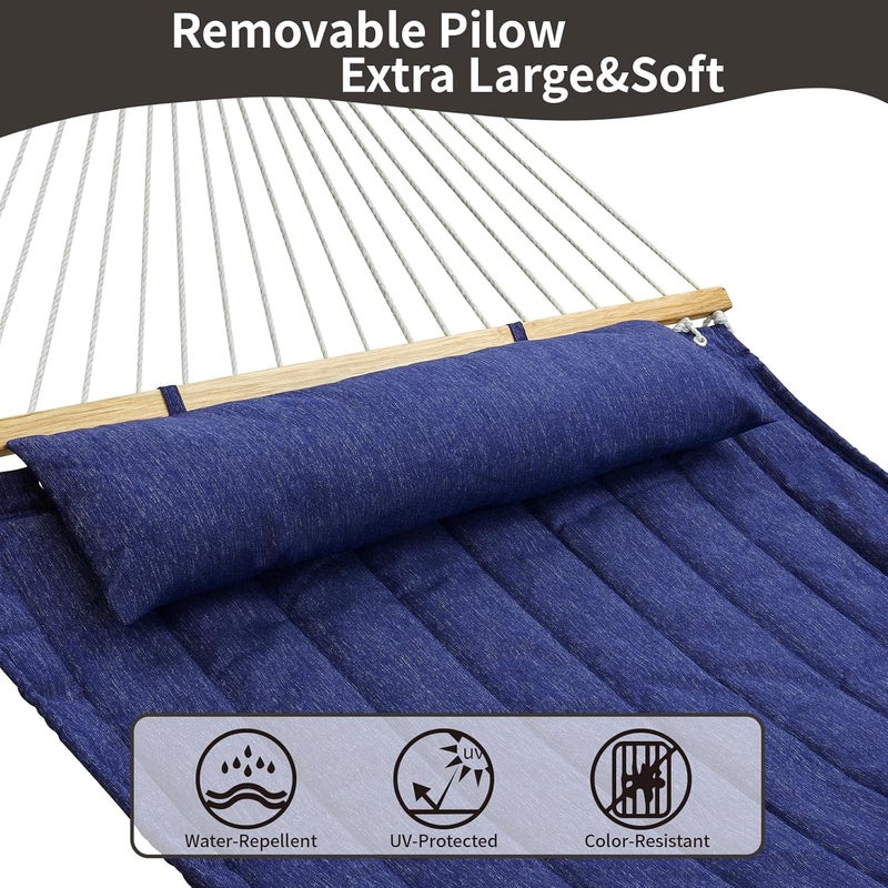 CHULIM Double Quilted Fabric Hammock with Hardwood Spreader Bars and Pillow 450 LBS Capacity 2 Person Large Hammock for Outdoor Patio Backyard Poolside - Dark Blue - Image 5
